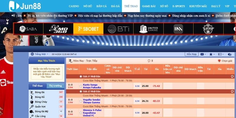 JUN88 đang liên kết với nhiều sảnh cá cược Thể Thao